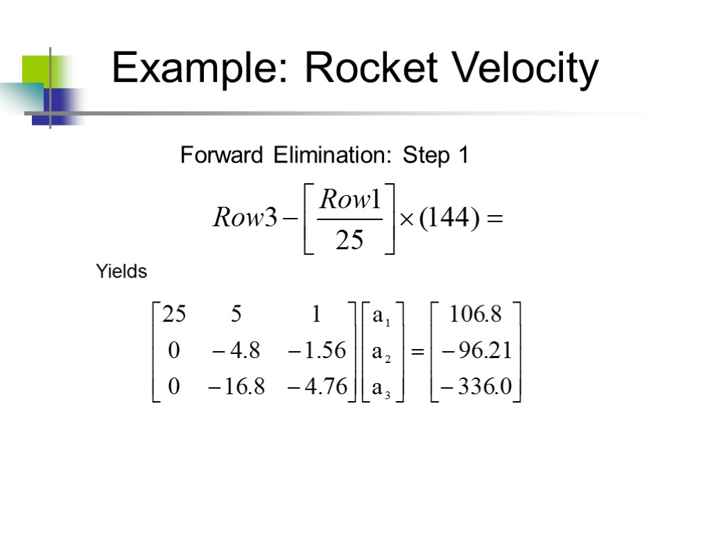 Example: Rocket Velocity Yields Forward Elimination: Step 1